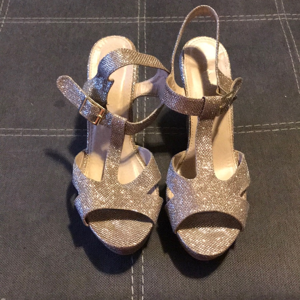 Rose gold strapped wedges